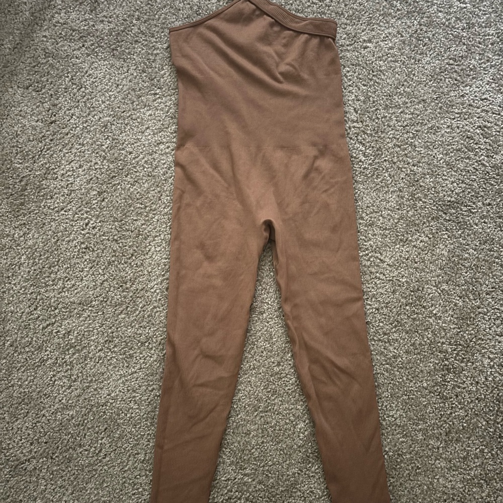 Brown Tan Jumpsuit with High Neckline and Full-Length Fit
